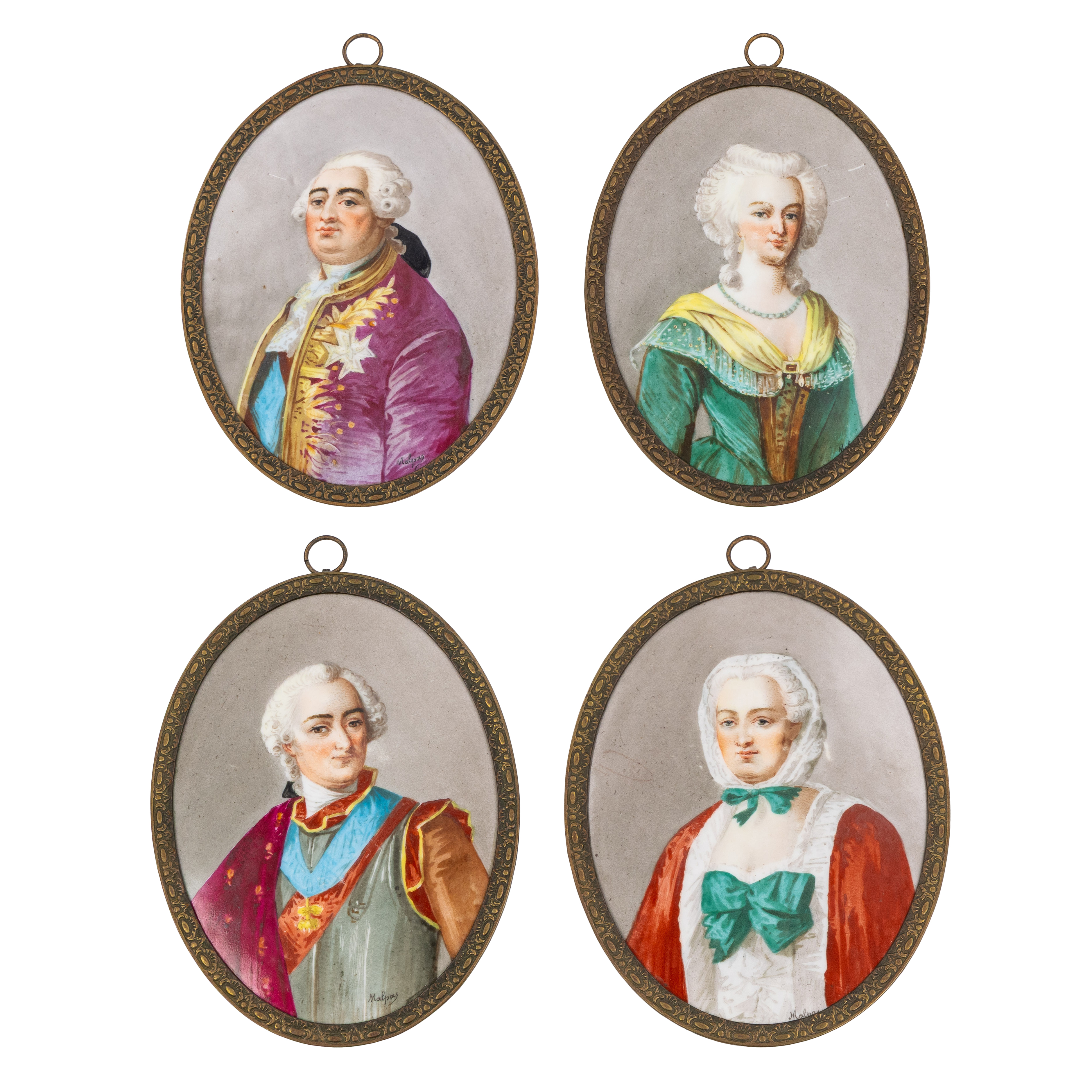 Sèvres, Chateau des Tuileries, vier plaquettes met handgeschilderde portretten van Franse monarchen, 19de eeuw. (L:15 x H:19 cm)